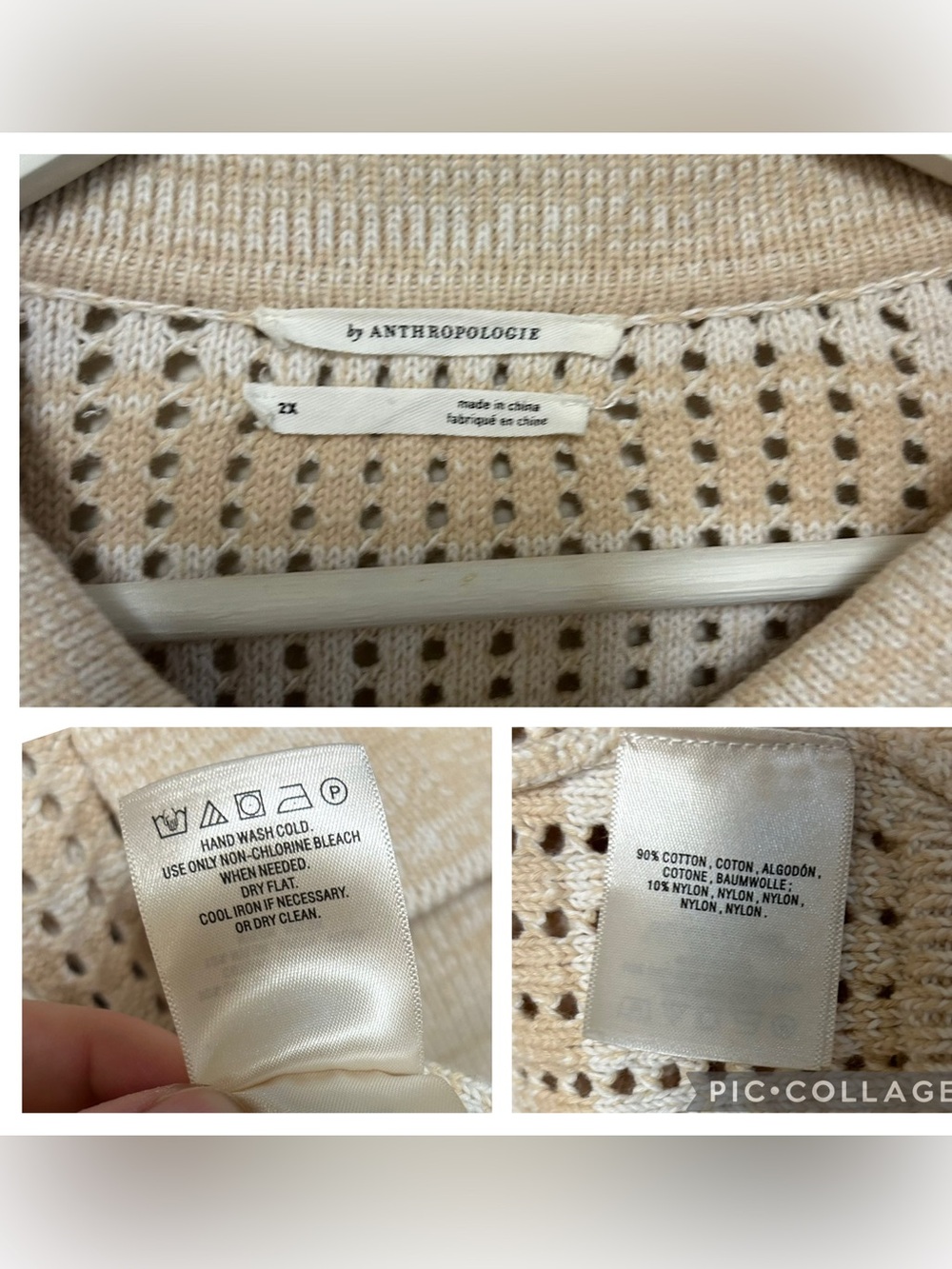 Anthropologie 2X Crocheted Pocket Collar Sweater Coat Sand Ivory Cardigan - Picture 13 of 16